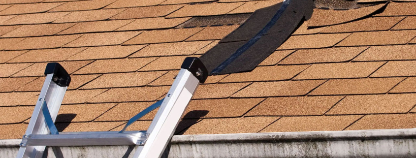 Ladder leading to missing shingles on roof