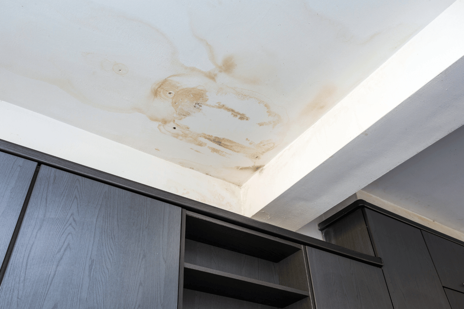 An image depicting water damage on a ceiling, illustrating the effects of a leaky roof. 