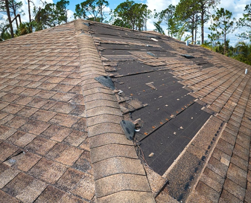 A roof featuring a compromised shingle alongside noticeable damage across the roof structure