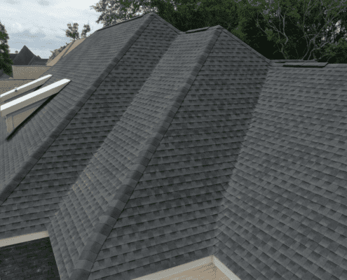 An architectural drawing of a hip roof design.