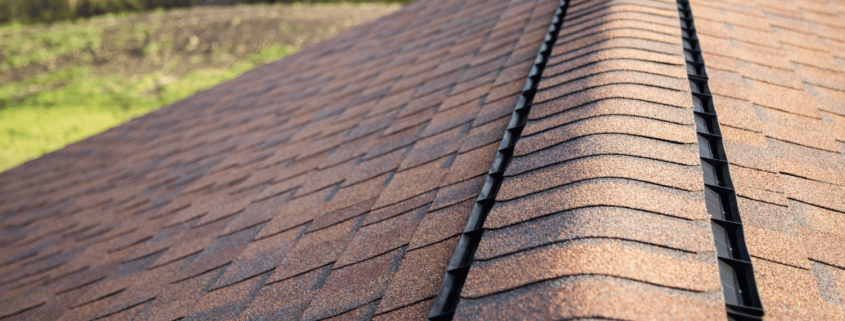 A close-up of a shingle roof with an ice and water shield.