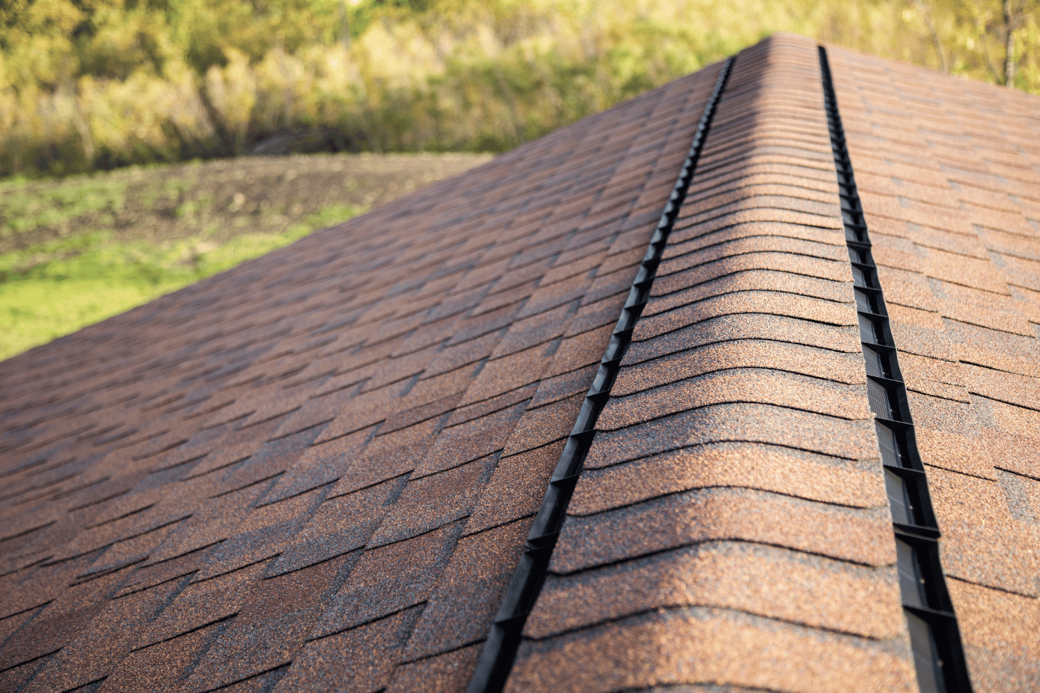 A close-up of a shingle roof with an ice and water shield.