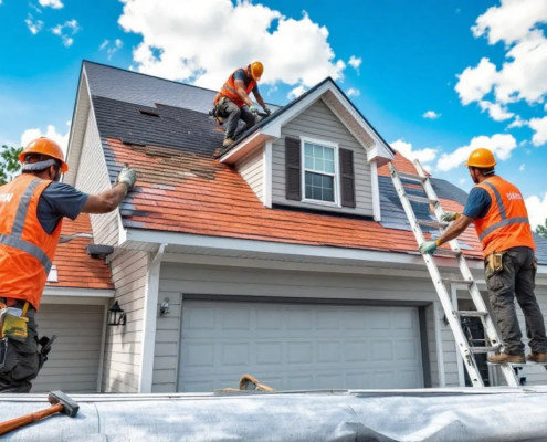 Workers removing old roofing materials during the roof replacement process.