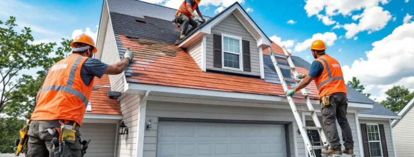 Workers removing old roofing materials during the roof replacement process.
