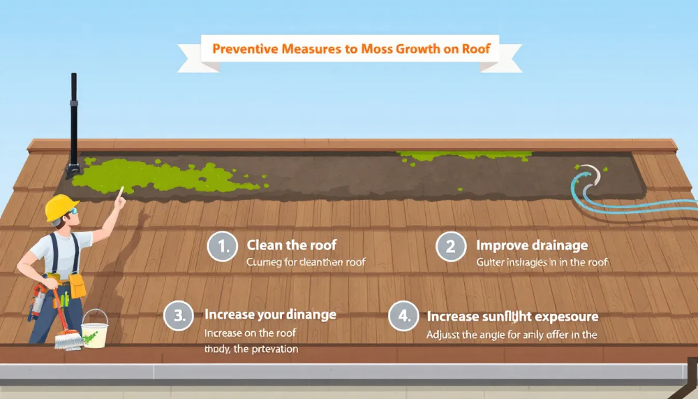 An illustration of preventive measures against moss growth on roofs, including proper drainage and sunlight exposure.