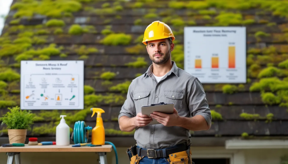 A visual representation of the costs associated with moss removal in New Jersey, featuring a contractor assessing a roof.