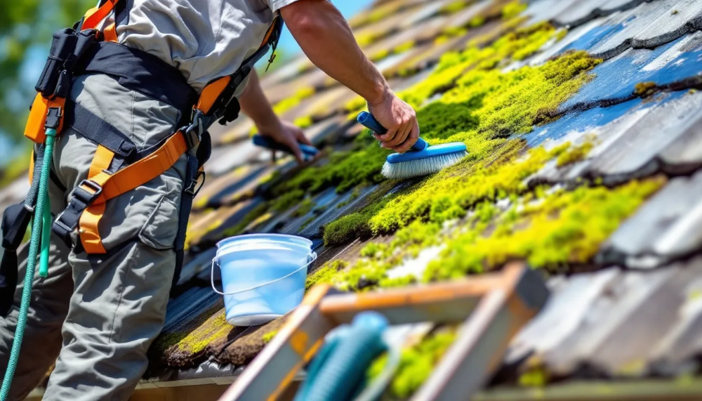 A professional using safe techniques to remove moss from a roof, showcasing moss removal techniques.